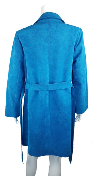 Back view of a vintage 1970s turquoise faux-suede coat with oversized lapels, buttons and matching tie belt