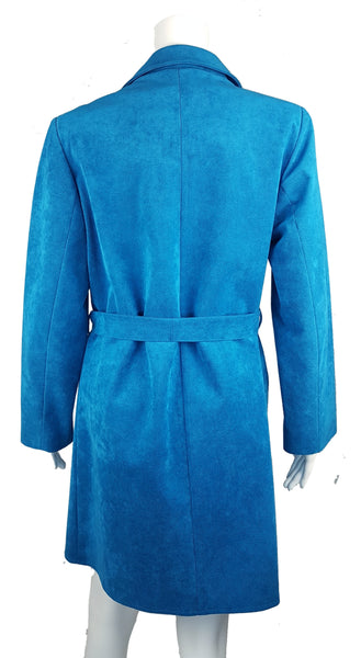 Full rear view showing the straight knee-length silhouette and matching belt at the waist
