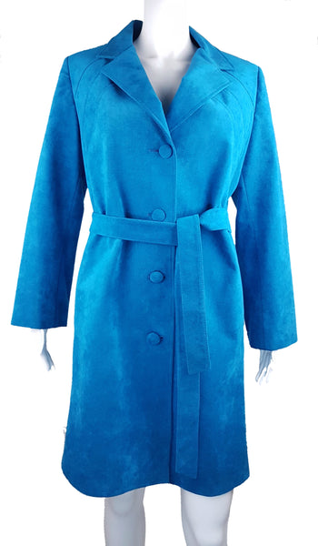 Front view of a vintage 1970s turquoise faux-suede coat with oversized lapels, buttons and matching tie belt