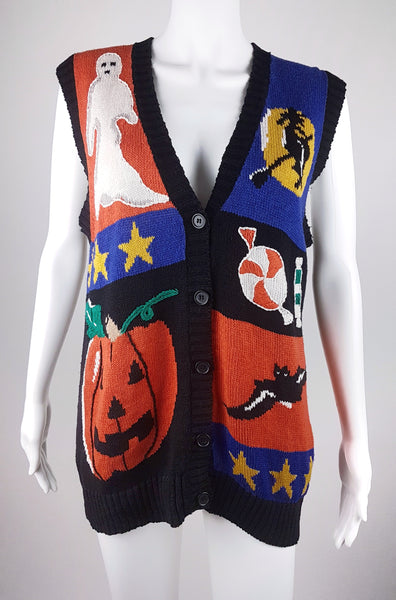 Full front view of vintage  1980s–1990s Laura Gayle Halloween cardigan vest with colourful ghost, witch, pumpkin, bat and candy motifs