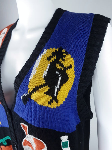 Side detail showing the witch-and-moon motif, ribbed armhole and sleeveless construction