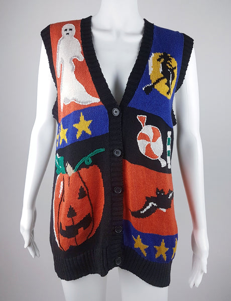 Full front view of vintage  1980s–1990s Laura Gayle Halloween cardigan vest with colourful ghost, witch, pumpkin, bat and candy motifs