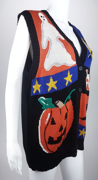 Full three quarter view of vintage  1980s–1990s Laura Gayle Halloween cardigan vest with colourful ghost, witch, pumpkin, bat and candy motifs