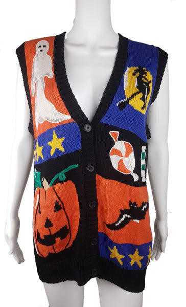 Full front view of vintage  1980s–1990s Laura Gayle Halloween cardigan vest with colourful ghost, witch, pumpkin, bat and candy motifs
