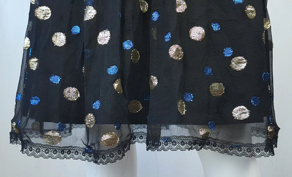 Close-up of the bottom hemline on a Vintage 1980s Edith Strauss Black Silk Metallic Polka-Dot Midi Dress displayed on a mannequin