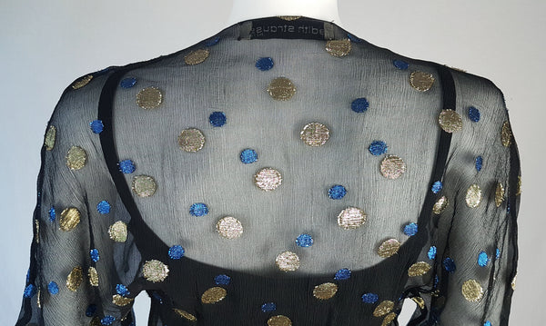 Back bodice view of a Vintage 1980s Edith Strauss Black Silk Metallic Polka-Dot Midi Dress displayed on a mannequin