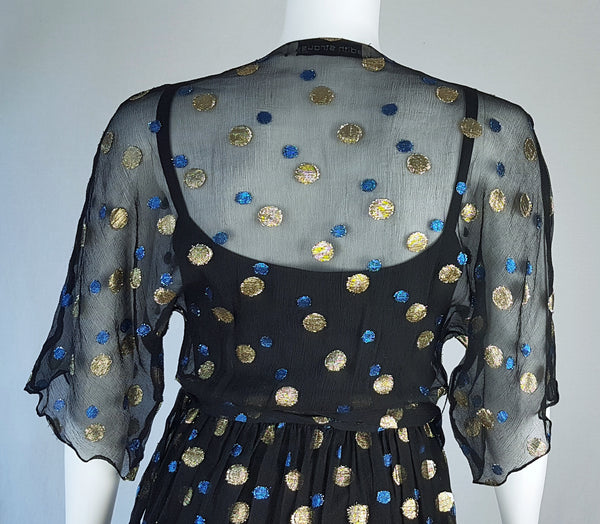Back bodice view of a Vintage 1980s Edith Strauss Black Silk Metallic Polka-Dot Midi Dress displayed on a mannequin