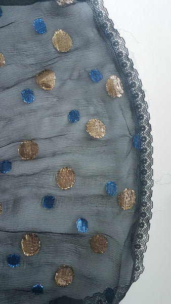 Condition photograph identifying tiny pinholes near the lace-trimmed hem of the Vintage 1980s Edith Strauss Black Silk Metallic Polka-Dot Midi Dress