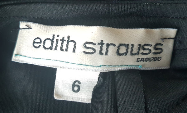 Close-up of the Edith Strauss Canada label and size 6 tag inside a Vintage 1980s Edith Strauss Black Silk Metallic Polka-Dot Midi Dress