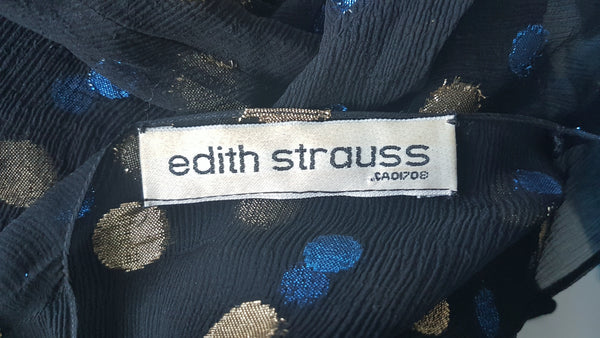 Close-up of the Edith Strauss Canada label inside a Vintage 1980s Edith Strauss Black Silk Metallic Polka-Dot Midi Dress