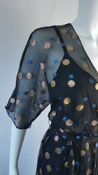 Close-up front view of the sheer upper and scoop-neck black slip on a Vintage 1980s Edith Strauss Black Silk Metallic Polka-Dot Midi Dress displayed on a mannequin