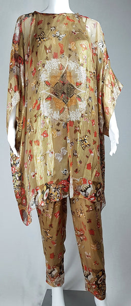 Full front view of a vintage 1980s Soo Yung Lee butterfly-print silk ensemble with the kaftan closed 