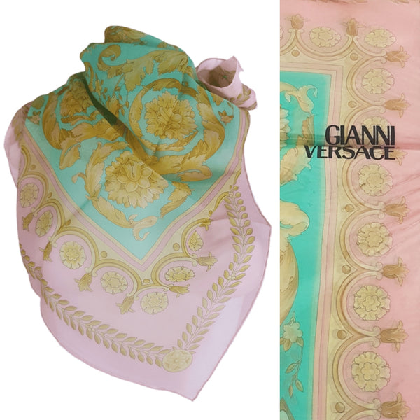 Collage of Vintage 1990s Atelier Versace silk scarf styled around a dress form, showing its aqua centre, pink border and ornate floral design, and the Gianni Versace name