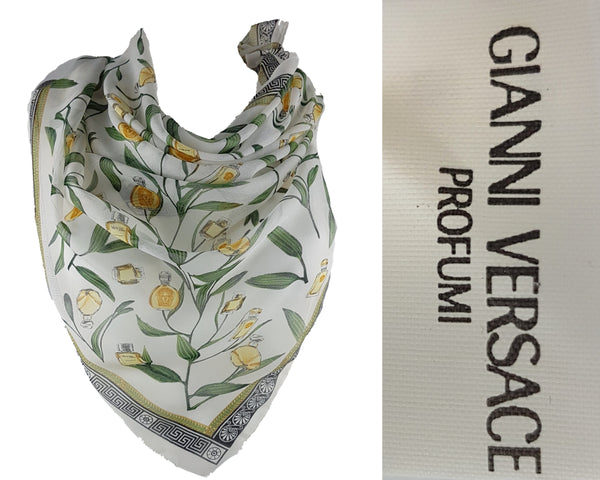 Collage showing a vintage Gianni Versace Profumi chiffon scarf styled on a dress form beside a close-up of its woven label.