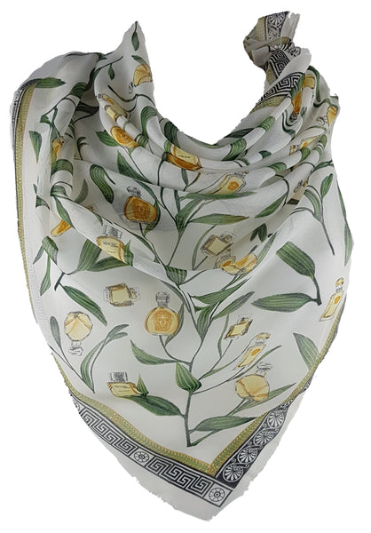 Vintage 1990s Gianni Versace Profumi ivory chiffon scarf draped in a triangle, showing its perfume-bottle print and Greek-key border.