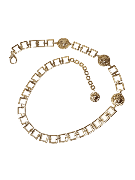 Full-length view of the gold-tone square-link chain belt with three large sun-face medallions and a smaller end charm