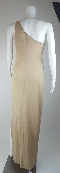Full back view of a vintage 1990s LA Glo gold lurex evening gown