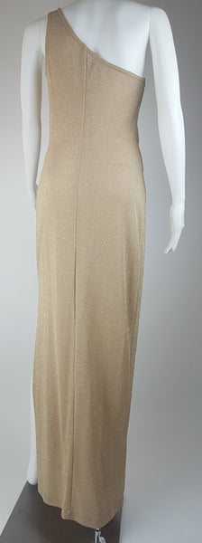 Full back view of a vintage 1990s LA Glo gold lurex evening gown