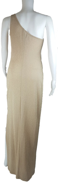 Full back view of a vintage 1990s LA Glo champagne-gold lurex one-shoulder evening gown with a fitted floor-length column silhouette displayed on a mannequin