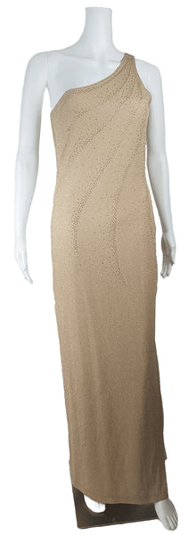 Full front view of a vintage 1990s LA Glo champagne-gold lurex one-shoulder evening gown with a fitted floor-length column silhouette displayed on a mannequin