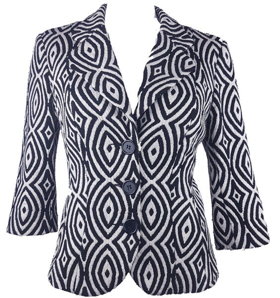 Full front view of a vintage 1990s Le Château black-and-white op-art jacket with notched lapels and a three-button closure.
