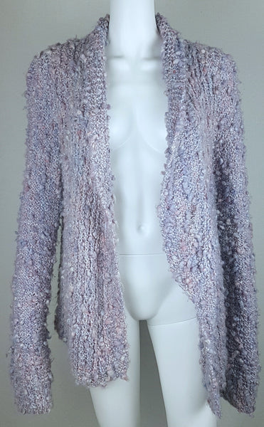 Full front view of Vintage 1990s Pastel Popcorn-Knit Open-Front Cardigan displayed on a mannequin