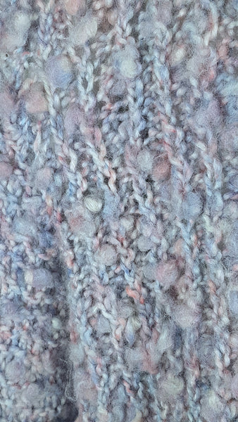 Detailed view of the pastel novelty yarn and soft raised popcorn texture in shades of lilac, pink, blue and cream on Vintage 1990s Pastel Popcorn-Knit Open-Front Cardigan 