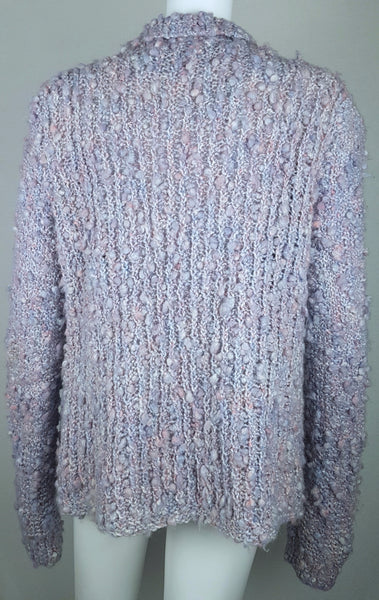 Full back view of Vintage 1990s Pastel Popcorn-Knit Open-Front Cardigan displayed on a mannequin