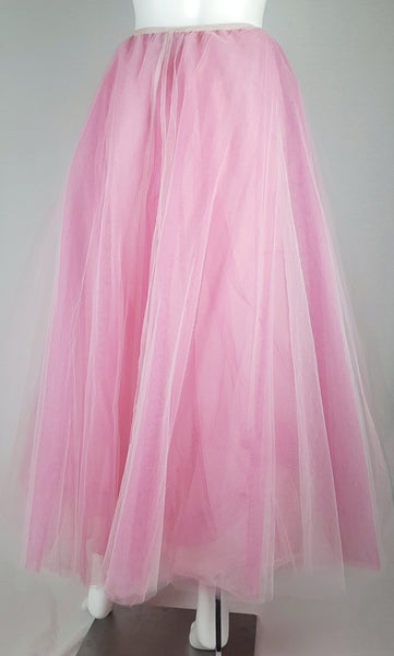 Full back view of a vintage 1990s RALPH Ralph Lauren pink tulle maxi skirt with a voluminous layered A-line silhouette displayed on a mannequin