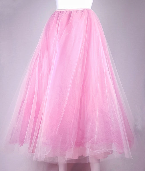 Full front view of a vintage 1990s RALPH Ralph Lauren pink tulle maxi skirt with a voluminous layered A-line silhouette displayed on a mannequin