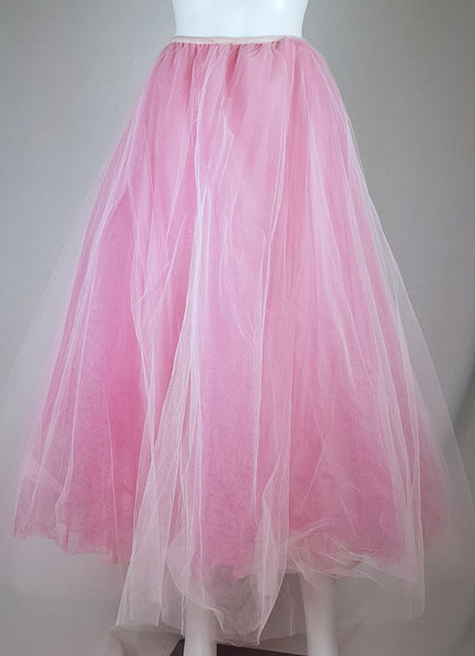Full front view of a vintage 1990s RALPH Ralph Lauren pink tulle maxi skirt with a voluminous layered A-line silhouette displayed on a mannequin