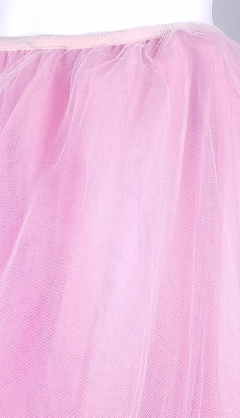 Close-up front view of the narrow elastic waistband and layered pink tulle on a vintage 1990s RALPH Ralph Lauren maxi skirt.
