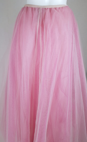 Close-up back view of the narrow elastic waistband and layered pink tulle on a vintage 1990s RALPH Ralph Lauren maxi skirt displayed on a mannequin