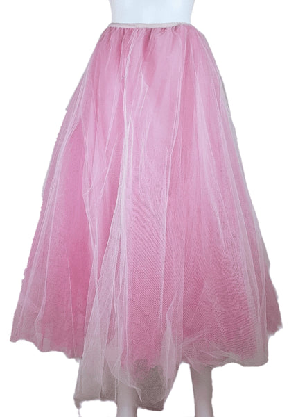Full front view of a vintage 1990s RALPH Ralph Lauren pink tulle maxi skirt with a voluminous layered A-line silhouette displayed on a mannequin