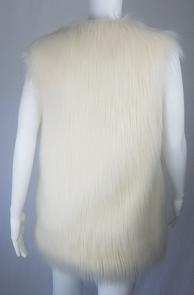 Full back view of a cream long-pile faux-fur vest with a collarless neckline displayed on a mannequin