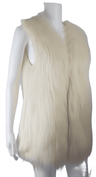 Full three quarter view of a cream long-pile faux-fur vest with a collarless neckline, decorative fastening and side pockets displayed on a mannequin