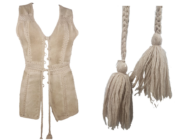 Composite front view of a vintage suede-and-crochet vest beside a close-up of its braided belt and oversized yarn tassels.