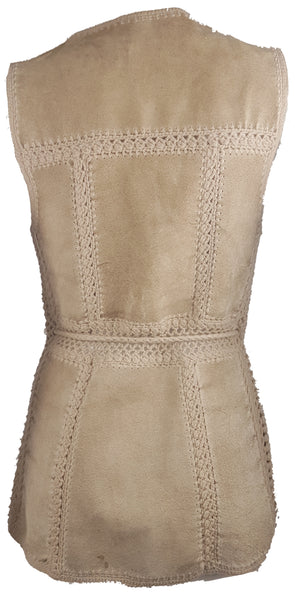 Full back product view of a vintage 60s - 70s Hudson Bay Company beige suede vest showing its fitted panelled construction and openwork crochet joins.