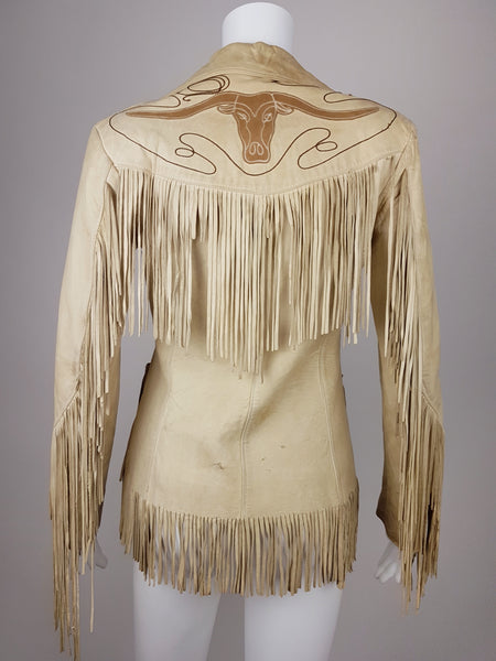 Full back view of a Vintage 1940s Geronimo Longhorn Fringed Leather Western Jacket displayed on a mannequin