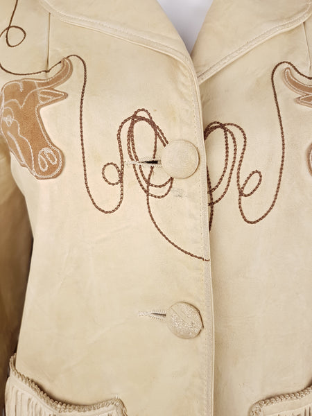 Close-up of the leather-covered front buttons, longhorn appliqués and looping lariat embroidery on the vintage jacket.