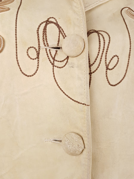 Close-up of the leather-covered front buttons, longhorn appliqués and looping lariat embroidery on the vintage jacket.