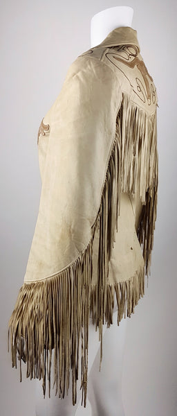 Full side view of a Vintage 1940s Geronimo Longhorn Fringed Leather Western Jacket displayed on a mannequin