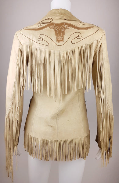 Full back view of a Vintage 1940s Geronimo Longhorn Fringed Leather Western Jacket displayed on a mannequin