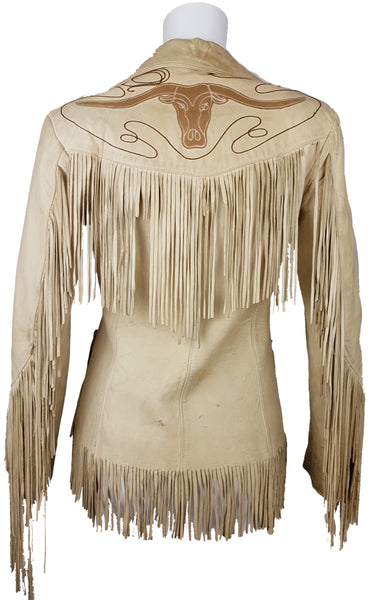 Full back view of a Vintage 1940s Geronimo Longhorn Fringed Leather Western Jacket displayed on a mannequin
