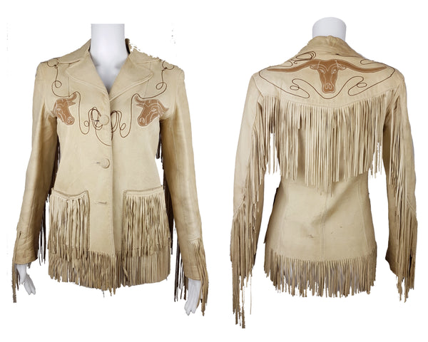 Composite front and back views of a vintage Geronimo leather Western jacket with longhorn motifs, lariat embroidery and long fringe.