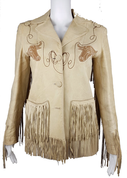 Full front view of a Vintage 1940s Geronimo Longhorn Fringed Leather Western Jacket displayed on a mannequin