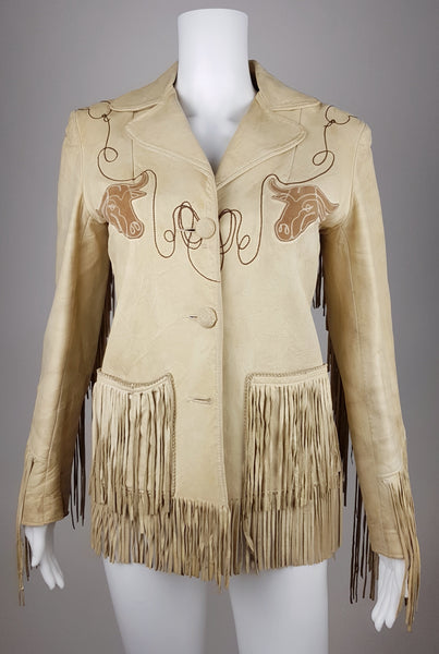 Full front view of a Vintage 1940s Geronimo Longhorn Fringed Leather Western Jacket displayed on a mannequin
