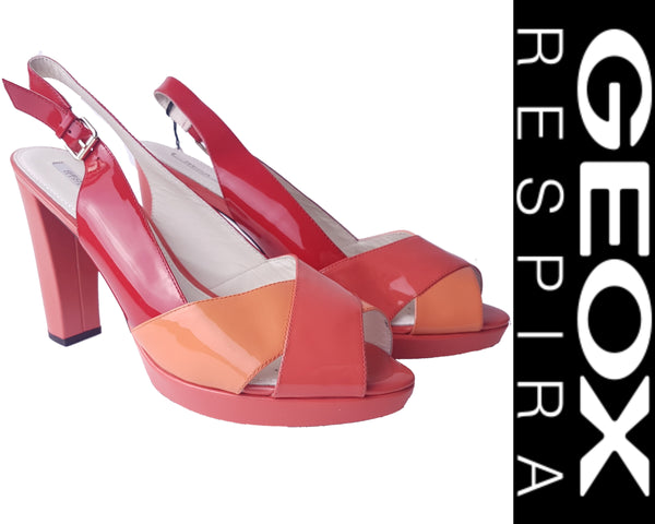 Three-quarter view of unworn Geox Respira colour-block platform sandals in red, coral and peach, with crossover peep toes, block heels and buckled slingback straps with Geox label