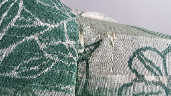 Alternate condition close-up of moth damage along the upper right collar and shoulder of the green silk kimono.