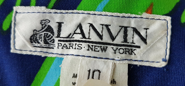 Close-up of the Lanvin Paris–New York label and size tag marked 10 inside a vintage 1970s dress.